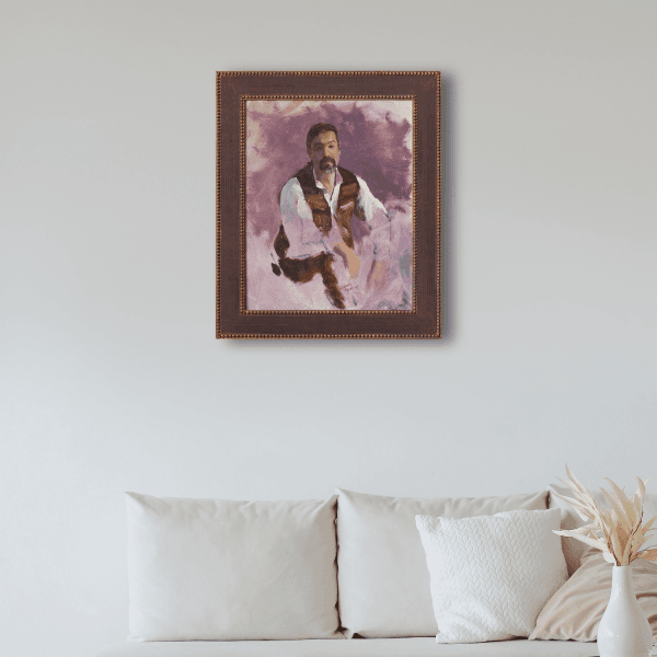 Oil painting of a man in an open vest surrounded by a violet background displayed on a wall.