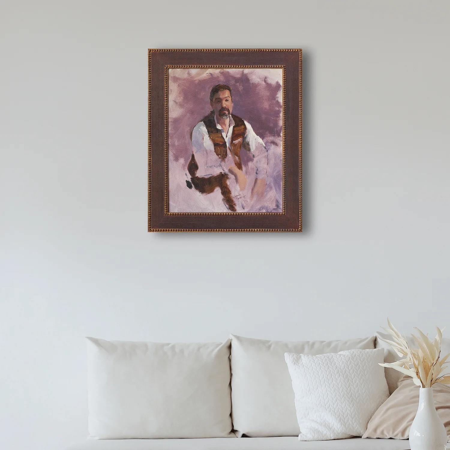 Oil painting of a man in an open vest surrounded by a violet background displayed on a wall.