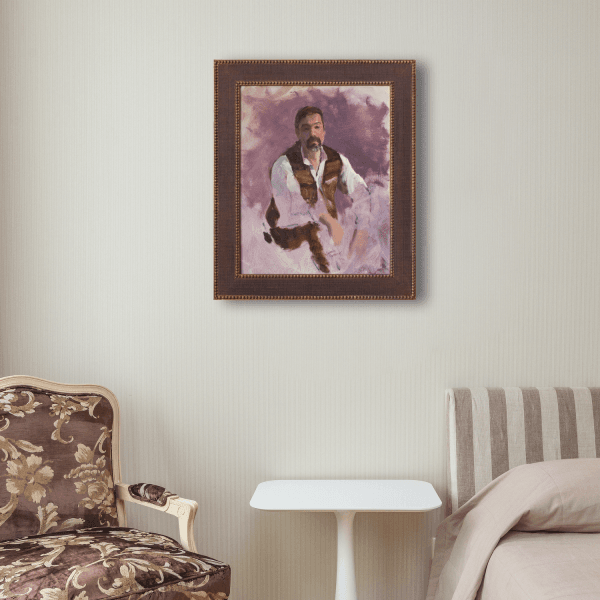Oil painting of a man in an open vest surrounded by a violet background displayed on a wall.