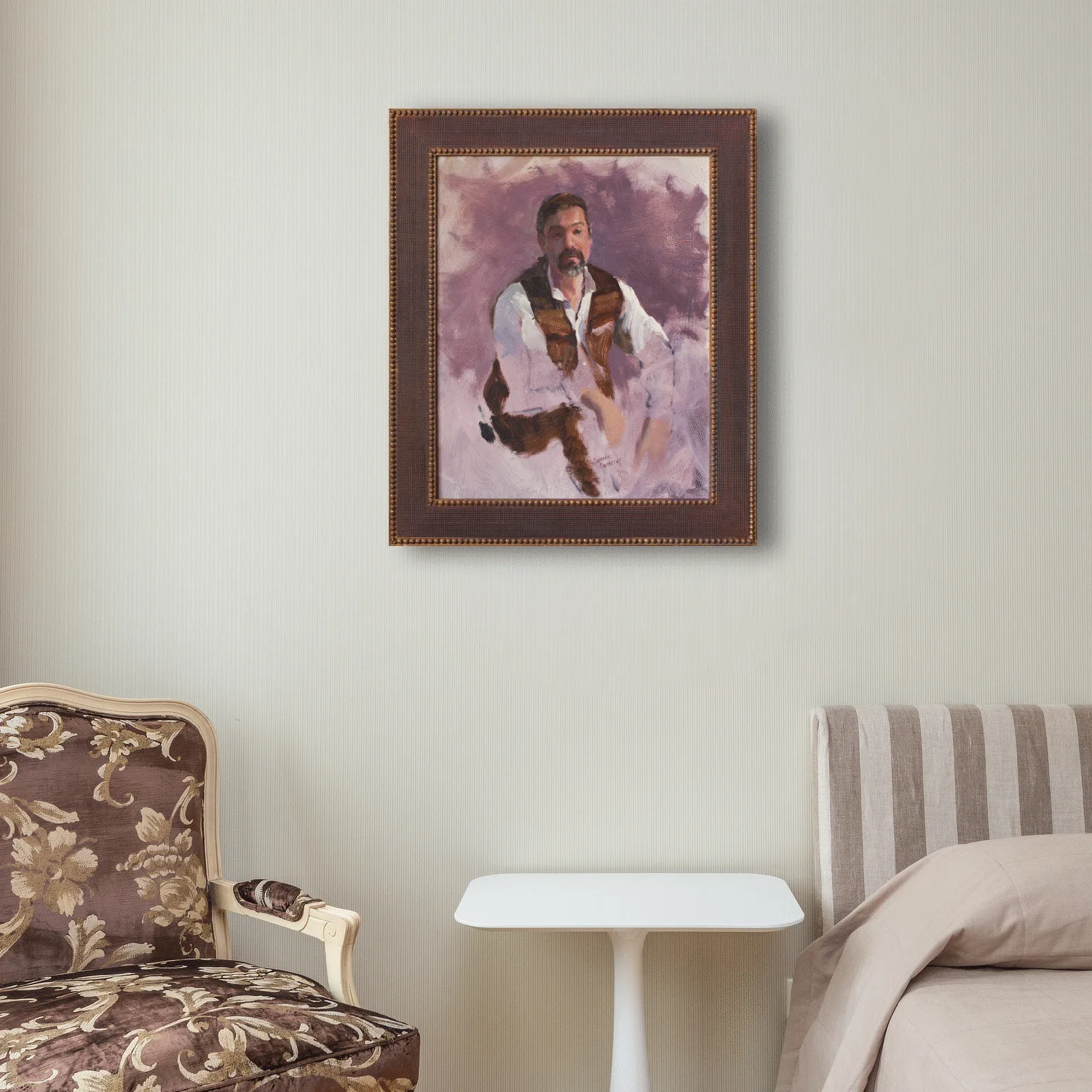 Oil painting of a man in an open vest surrounded by a violet background displayed on a wall.