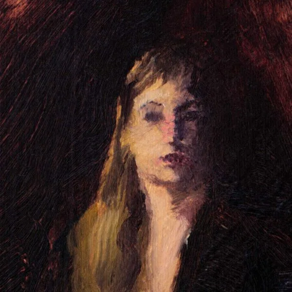 Detail of an oil painting of a seated woman lit from the surrounded by dark brown draped fabric.