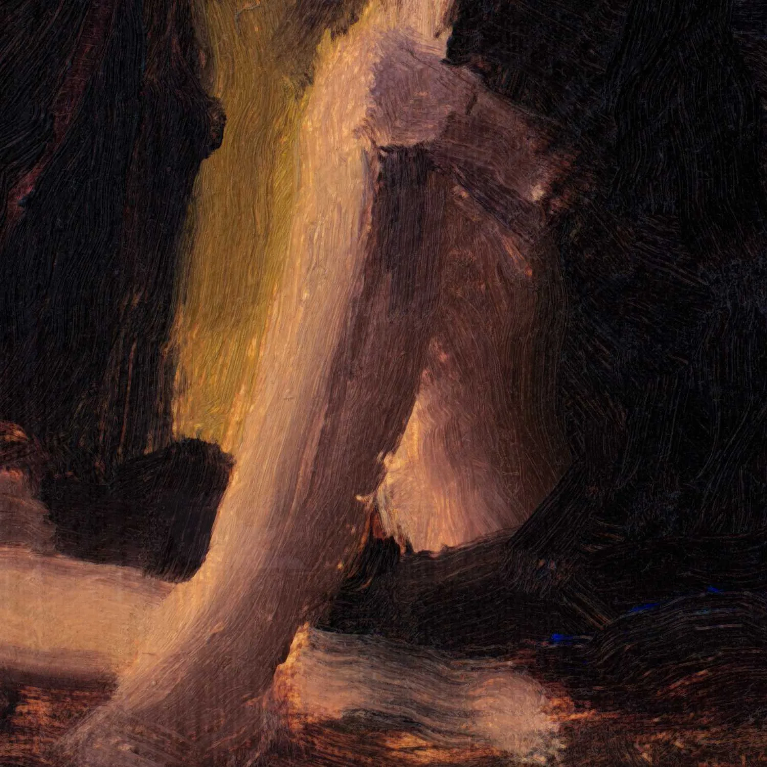 Detail of an oil painting of a seated woman lit from the surrounded by dark brown draped fabric.