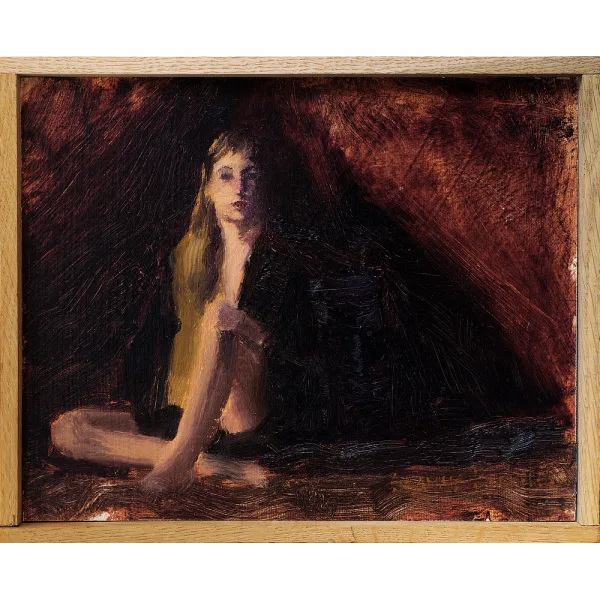 Oil painting of a seated woman lit from the surrounded by dark brown draped fabric.