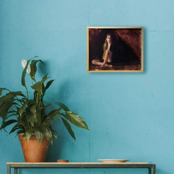 An oil painting of a seated woman lit from the surrounded by dark brown draped fabric displayed on a wall.