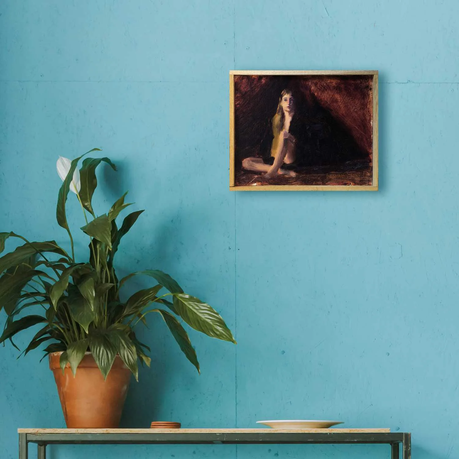 An oil painting of a seated woman lit from the surrounded by dark brown draped fabric displayed on a wall.