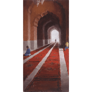 A figurative painting of people inside the Jama Masjid mosque in Old Delhi, India, showing red carpets receding into the background underneath curved archways.