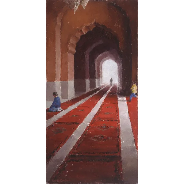 A figurative painting of people inside the Jama Masjid mosque in Old Delhi, India, showing red carpets receding into the background underneath curved archways.