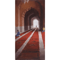A figurative painting of people inside the Jama Masjid mosque in Old Delhi, India, showing red carpets receding into the background underneath curved archways.