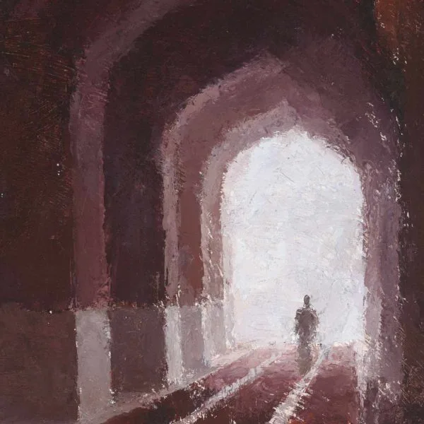Detail of a figurative painting of people inside the Jama Masjid mosque in Old Delhi, India, showing red carpets receding into the background underneath curved archways.