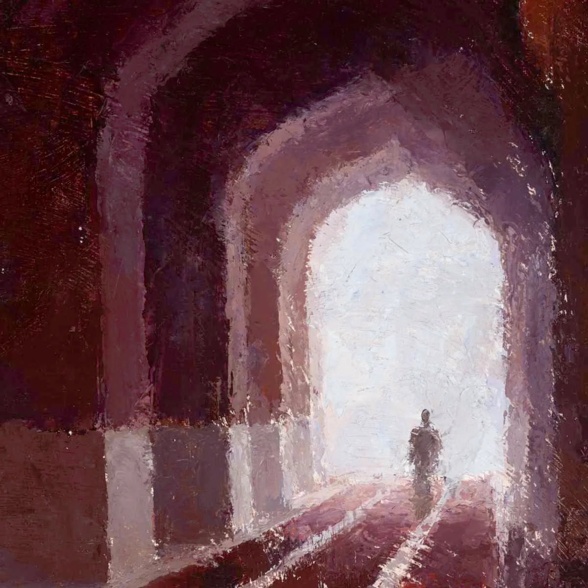 Detail of a figurative painting of people inside the Jama Masjid mosque in Old Delhi, India, showing red carpets receding into the background underneath curved archways.