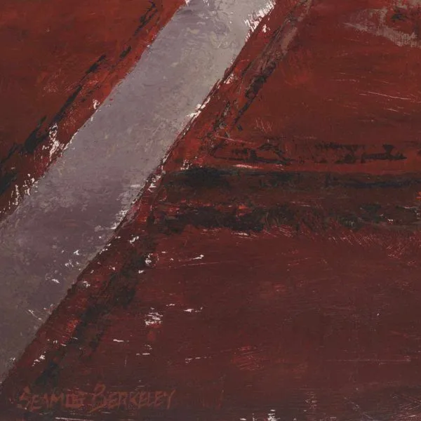 Detail of a figurative painting of people inside the Jama Masjid mosque in Old Delhi, India, showing red carpets receding into the background underneath curved archways.