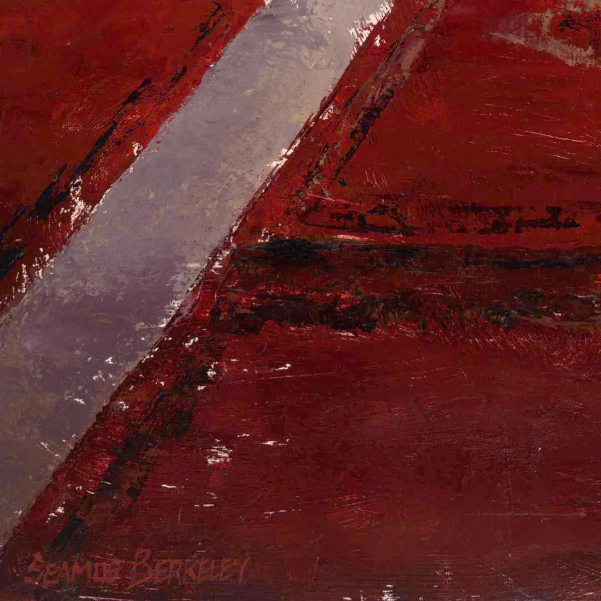 Detail of a figurative painting of people inside the Jama Masjid mosque in Old Delhi, India, showing red carpets receding into the background underneath curved archways.