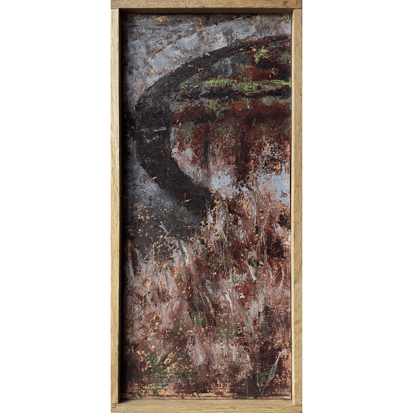 A landscape oil painting of a stone bridge over a river with autumn-colored grasses in the foreground.
