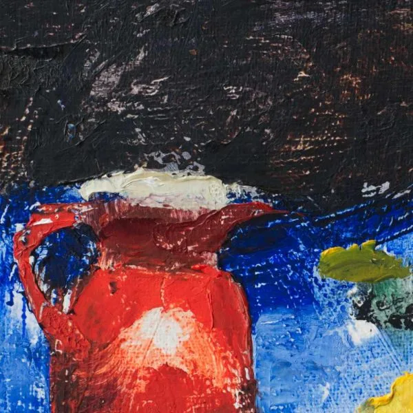 Seeing Color Painting Seamus Berkeley Detail 01 Detail of an oil painting of a red pitcher and a yellow lemon on a blue cloth with a dark fabric background.