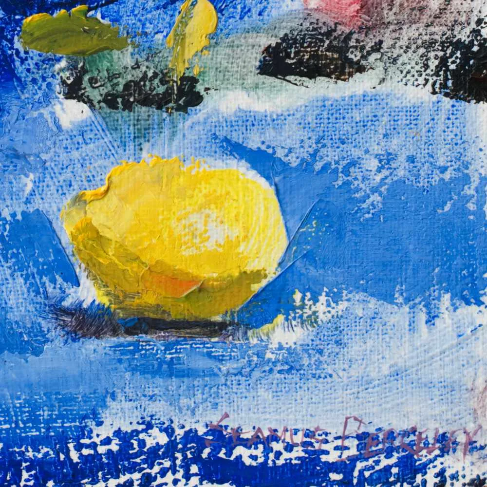 Detail of an oil painting of a red pitcher and a yellow lemon on a blue cloth with a dark fabric background.