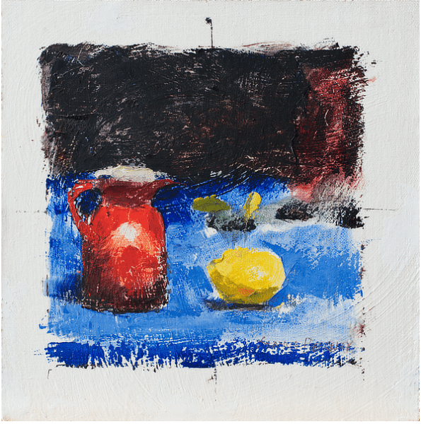 Oil painting of a red pitcher and a yellow lemon on a blue cloth with a dark fabric background.