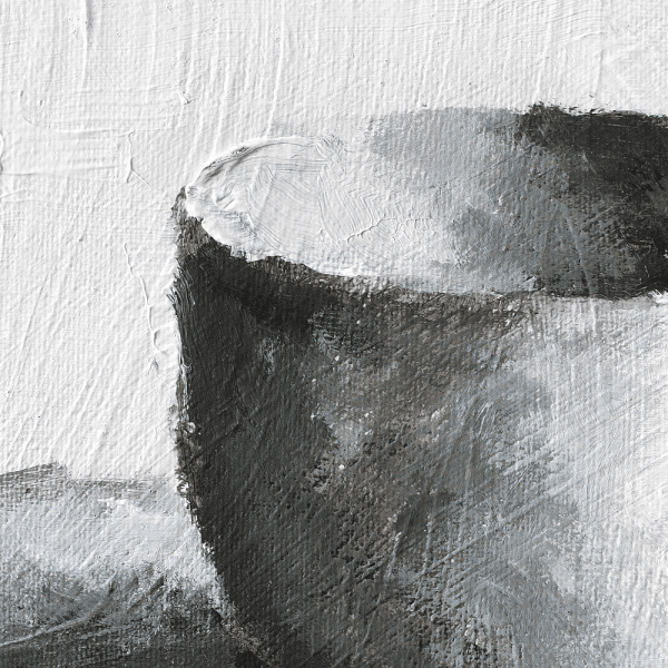 Detail of a monochromatic oil painting of a white cup on a white background with black and grey shadows.
