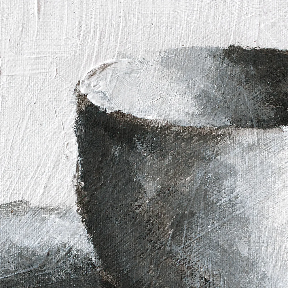 Detail of a monochromatic oil painting of a white cup on a white background with black and grey shadows.