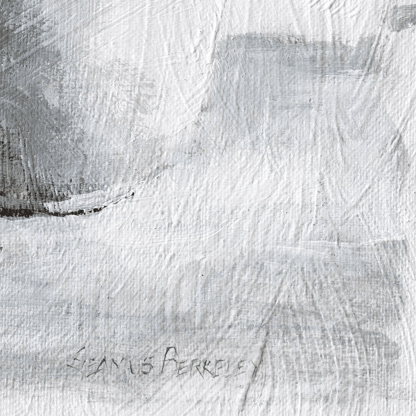 Detail of a monochromatic oil painting of a white cup on a white background with black and grey shadows.