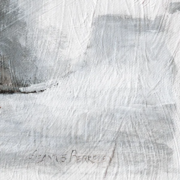 Detail of a monochromatic oil painting of a white cup on a white background with black and grey shadows.
