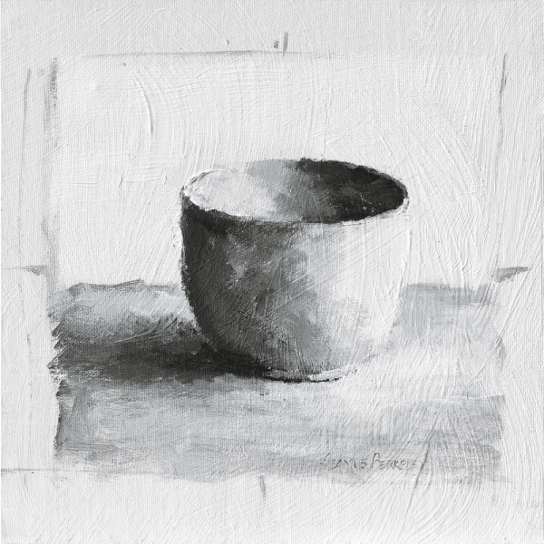 Monochromatic oil painting of a white cup on a white background with black and grey shadows.