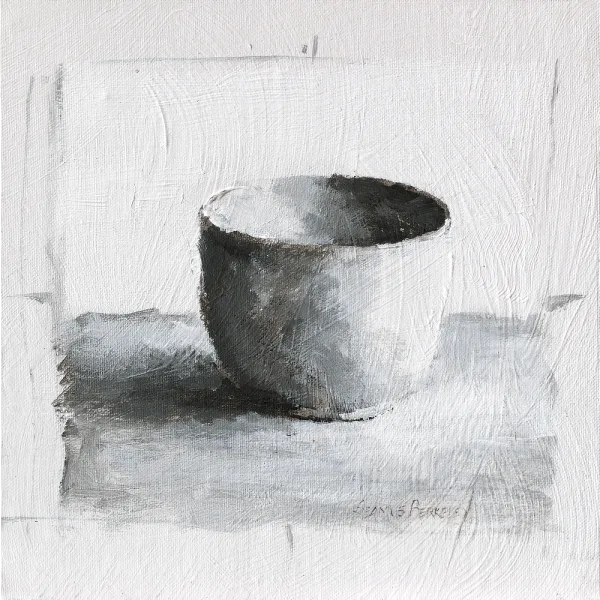 Monochromatic oil painting of a white cup on a white background with black and grey shadows.