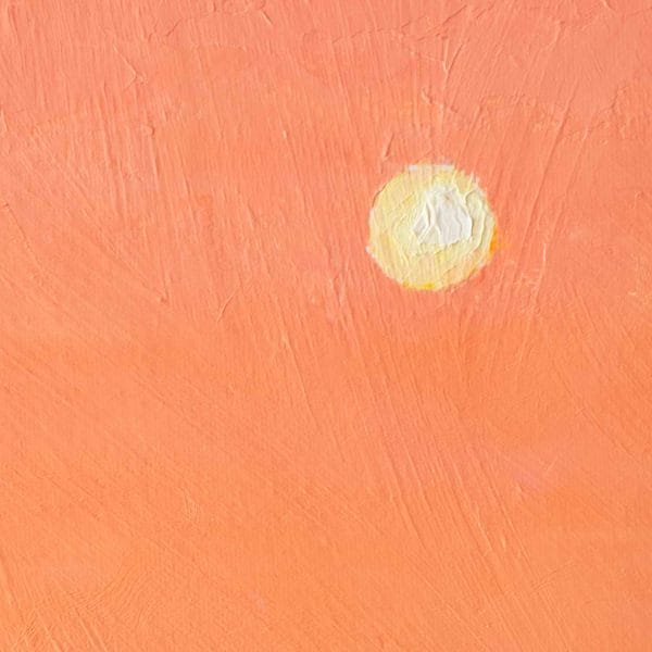 Detail of an oil painting of a full moon above the horizon and distance mountains in a vibrant, colorful sky at dusk.
