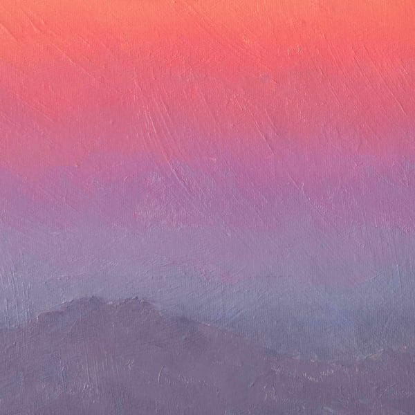 Detail of an oil painting of a full moon above the horizon and distance mountains in a vibrant, colorful sky at dusk.