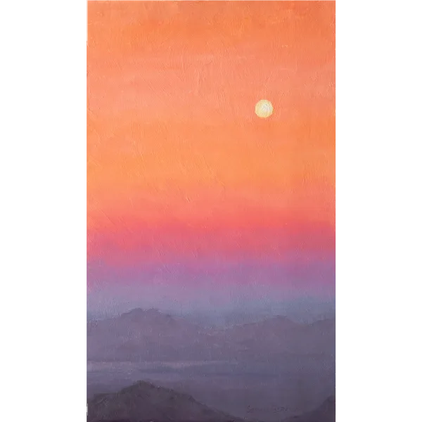 An oil painting of a full moon above the horizon and distance mountains in a vibrant, colorful sky at dusk.