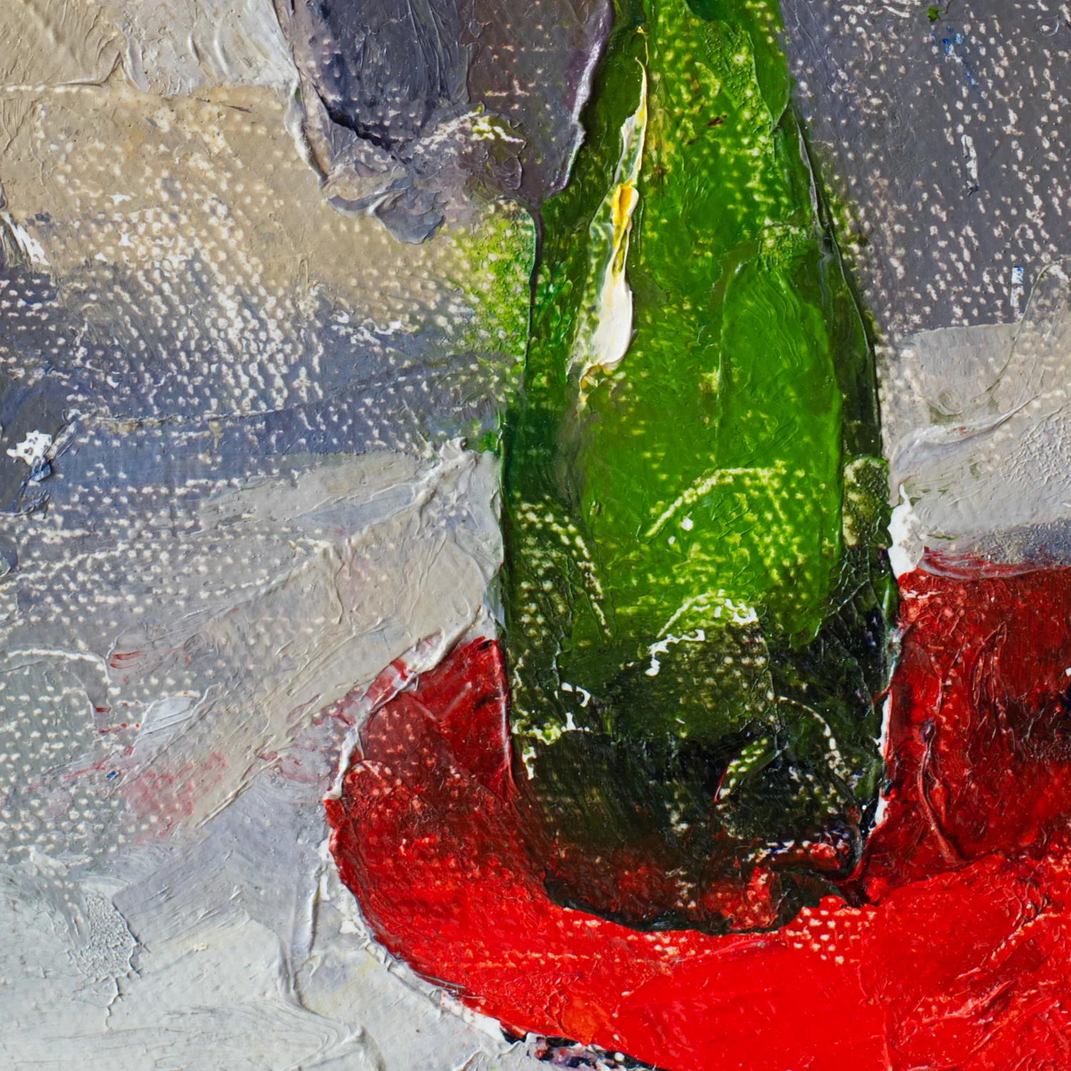 Detail of a oil painting of a green bottle arranged on a bright red table fabric with a grey backdrop.