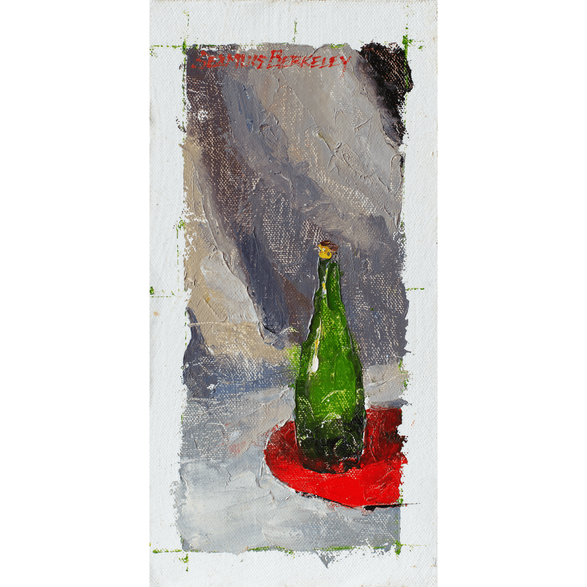 Oil painting of a green bottle arranged on a bright red table fabric with a grey backdrop.
