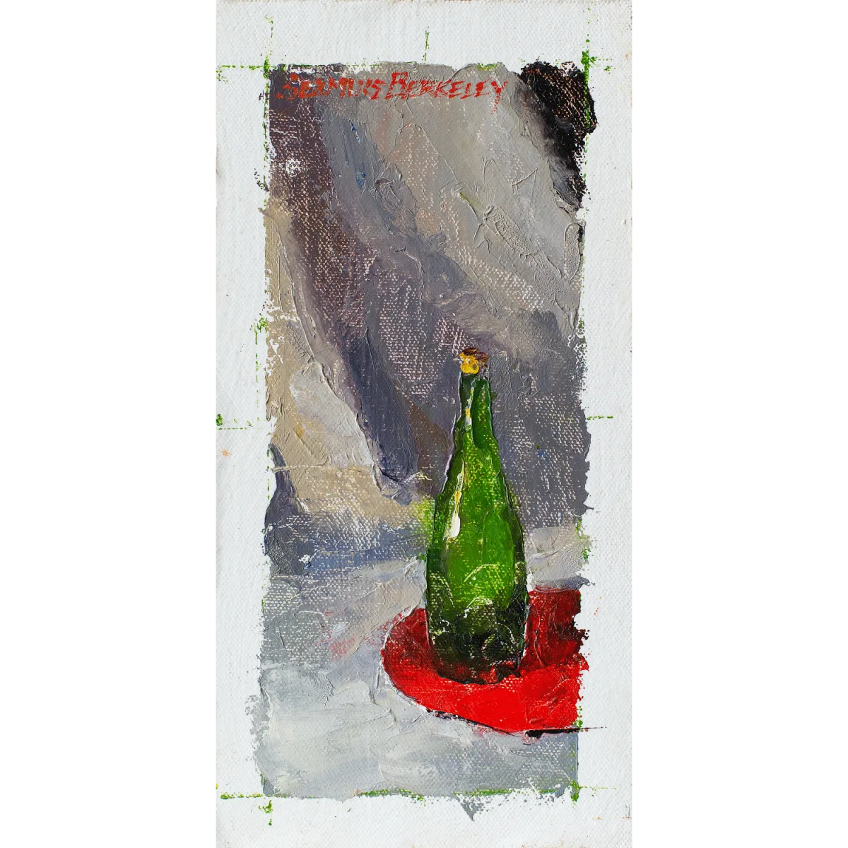 Oil painting of a green bottle arranged on a bright red table fabric with a grey backdrop.