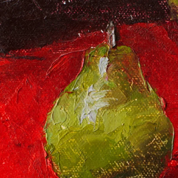 Detail view of a oil painting of three green pears arranged on a bright red table cloth.