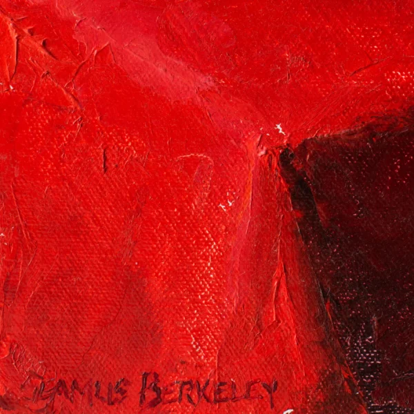 Detail view of a oil painting of three green pears arranged on a bright red table cloth.