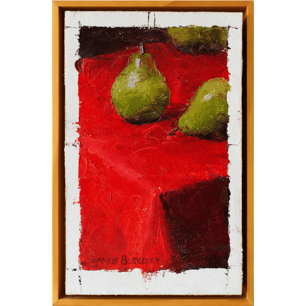 Oil painting of three green pears arranged on a bright red table cloth.