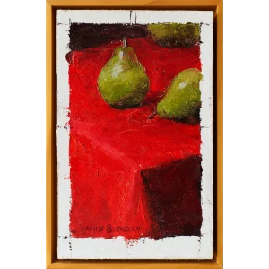 Oil painting of three green pears arranged on a bright red table cloth.