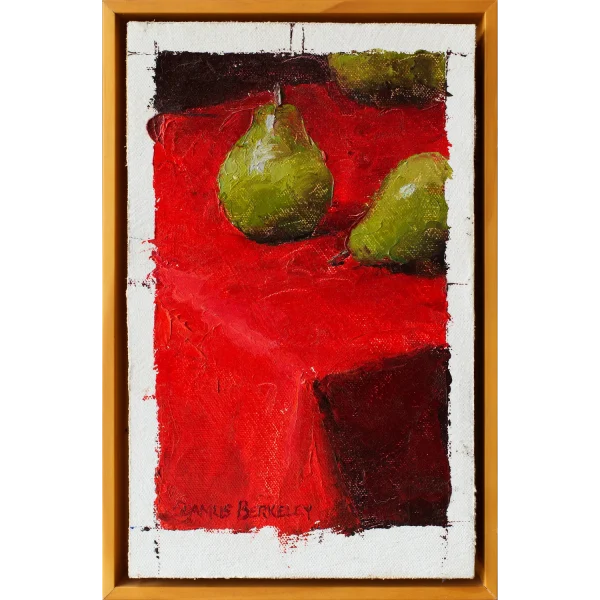 Oil painting of three green pears arranged on a bright red table cloth.