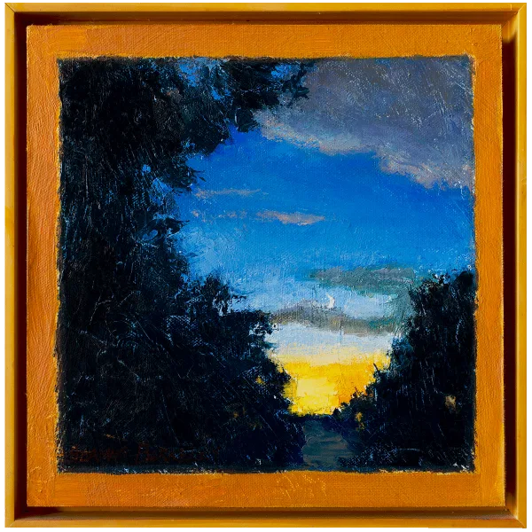 Oil painting of a sliver of a moon in a dark blue evening sky with orange and yellow glow of the sun below the horizon all framed by dark leaves of trees.