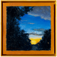 Oil painting of a sliver of a moon in a dark blue evening sky with orange and yellow glow of the sun below the horizon all framed by dark leaves of trees.