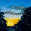 Detail of an oil painting of a sliver of a moon in a dark blue evening sky with orange and yellow glow of the sun below the horizon all framed by dark leaves of trees.