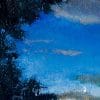 Detail of an oil painting of a sliver of a moon in a dark blue evening sky with orange and yellow glow of the sun below the horizon all framed by dark leaves of trees.