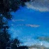 Detail of an oil painting of a sliver of a moon in a dark blue evening sky with orange and yellow glow of the sun below the horizon all framed by dark leaves of trees.