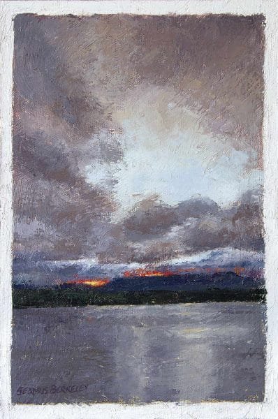 Giclée of an oil painting of last yellow, orange and red light rays of the sun peaking through a storm cloud-filled sky above distant mesas overlooking Lake Abiquiu, New Mexico.