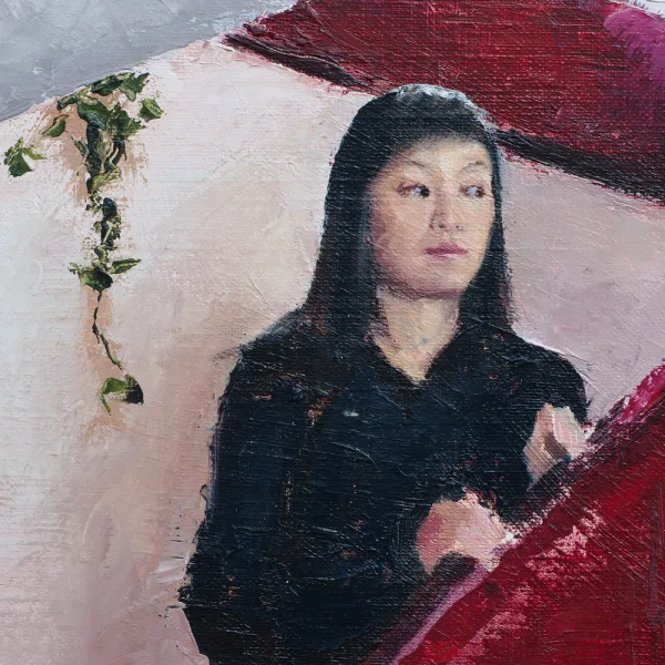 Detail of an oil painting of a woman standing on a red staircase looking across a room.