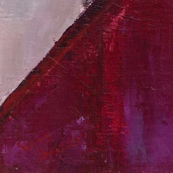 Detail of an oil painting of a woman standing on a red staircase looking across a room.