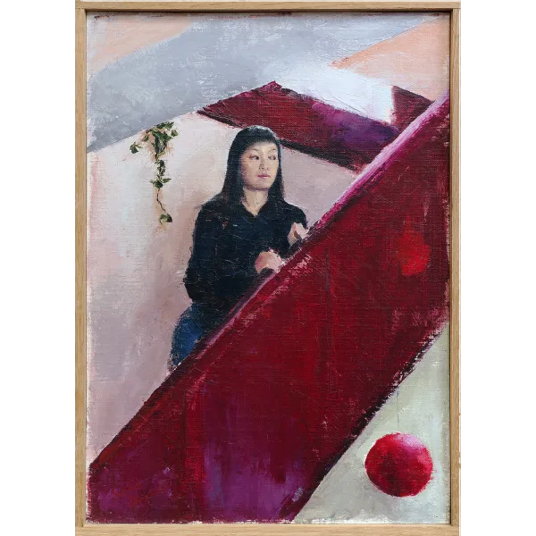 Oil painting of a woman standing on a red staircase looking across a room.