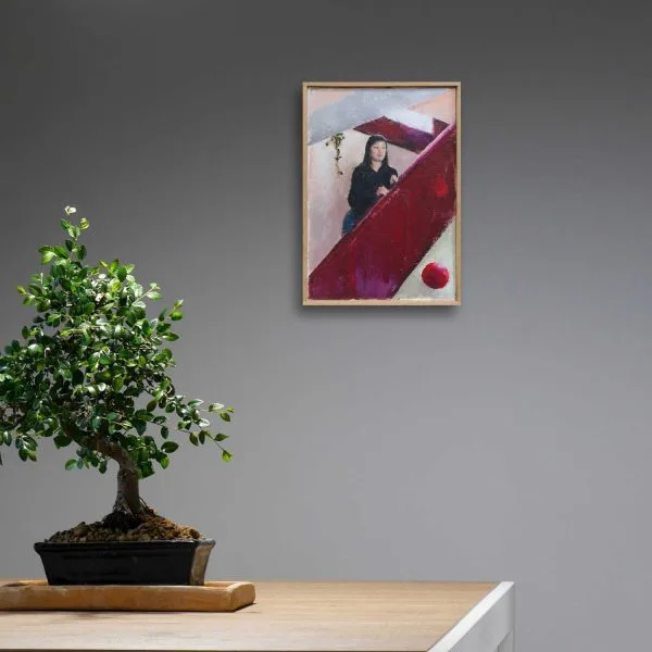 Oil painting of a woman standing on a red staircase looking across a room displayed on a wall.