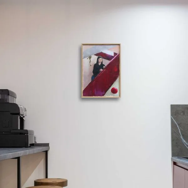 Oil painting of a woman standing on a red staircase looking across a room displayed on a wall.