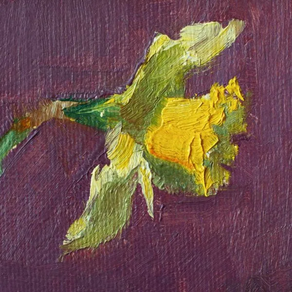 Detail of an oil painting of a bright yellow daffodil casting a shadow on a dark purple background.