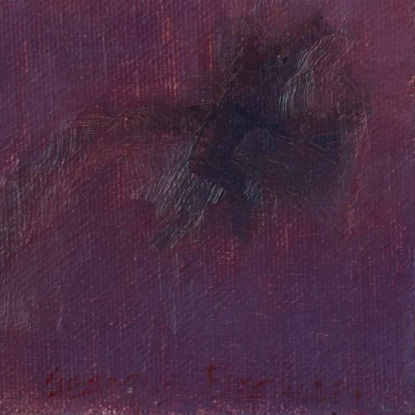 Detail of an oil painting of a bright yellow daffodil casting a shadow on a dark purple background.
